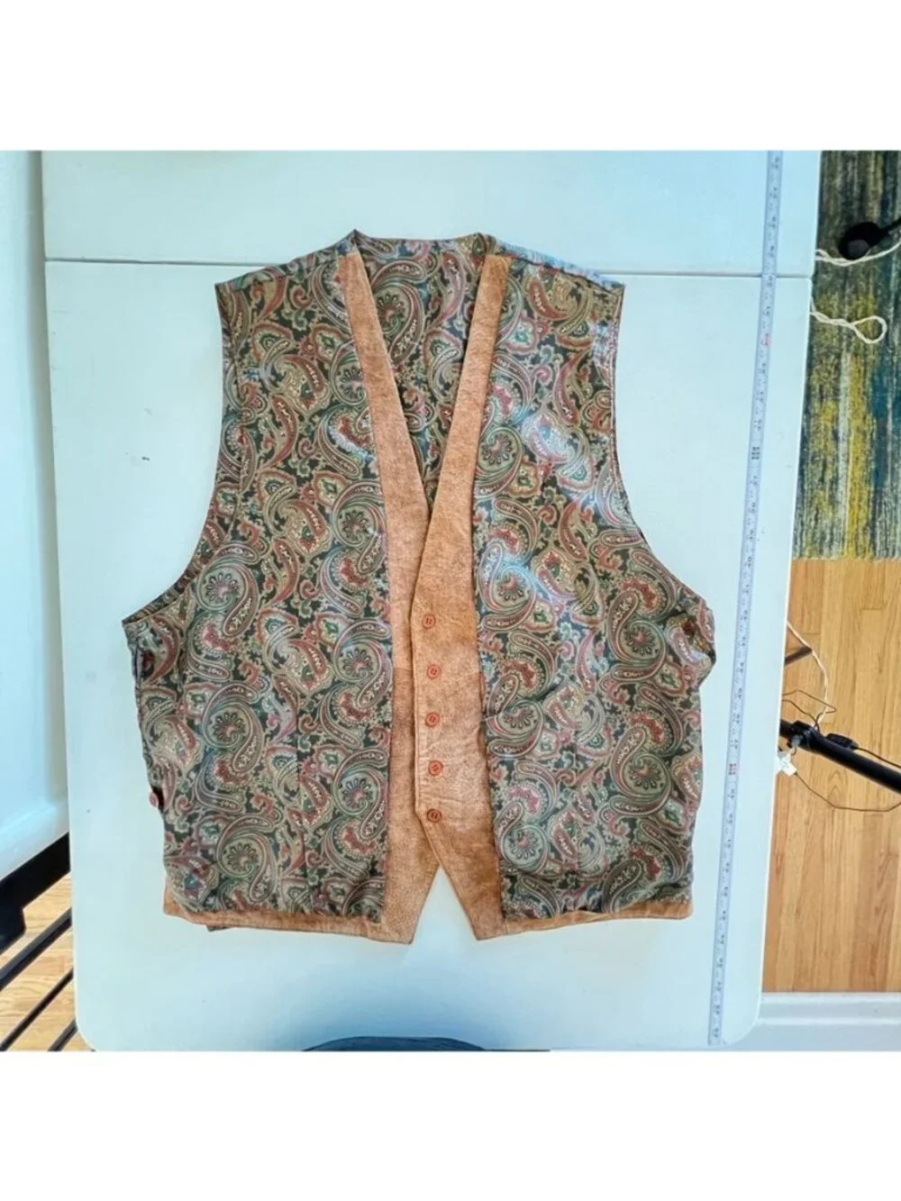 VTG CC Courtenay Mens Cognac Brown Suede Leather Vest Paisley Western Folk Conce